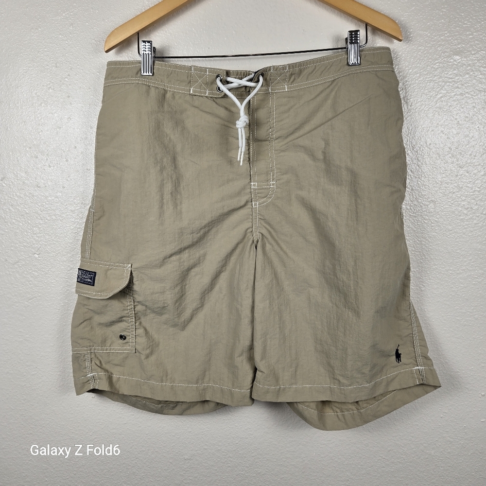 Polo Ralph Lauren Men’s Tan Nylon Mesh Lined‎ Cargo Swim Trunks Size Large Logo